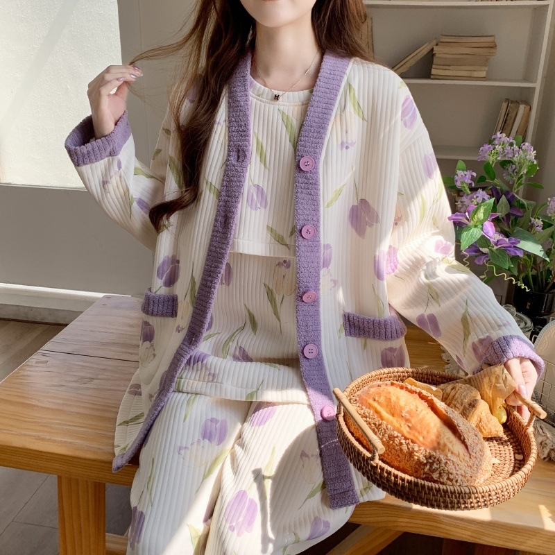 Szülés utáni szoptatós pizsamaszett — téli vastag poliészter, három részes készlet, anime mintázat, hosszú ujjú, szoptatási nyílás