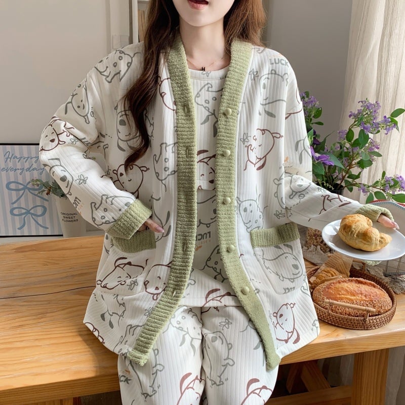 Szülés utáni szoptatós pizsamaszett — téli vastag poliészter, három részes készlet, anime mintázat, hosszú ujjú, szoptatási nyílás