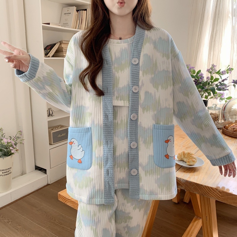 Szülés utáni szoptatós pizsamaszett — téli vastag poliészter, három részes készlet, anime mintázat, hosszú ujjú, szoptatási nyílás