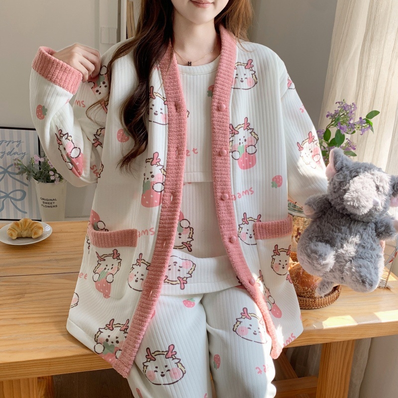 Szülés utáni szoptatós pizsamaszett — téli vastag poliészter, három részes készlet, anime mintázat, hosszú ujjú, szoptatási nyílás