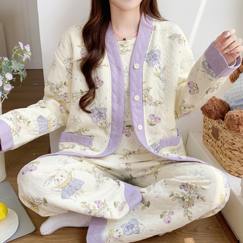 Szülés utáni szoptatós pizsamaszett — téli vastag poliészter, három részes készlet, anime mintázat, hosszú ujjú, szoptatási nyílás