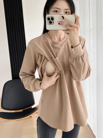 Trudnička majica za dojenje, srednje duljine, 90-95% pamuka, okrugli ovratnik, dugi rukavi