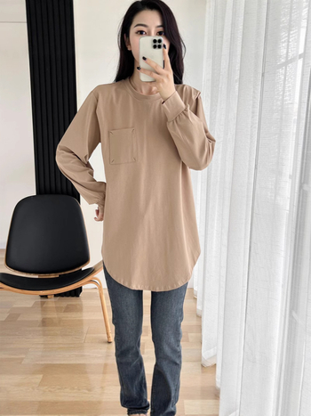 Trudnička majica za dojenje, srednje duljine, 90-95% pamuka, okrugli ovratnik, dugi rukavi