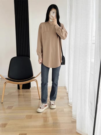 Trudnička majica za dojenje, srednje duljine, 90-95% pamuka, okrugli ovratnik, dugi rukavi