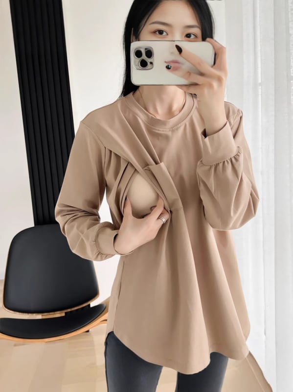 Trudnička majica za dojenje, srednje duljine, 90-95% pamuka, okrugli ovratnik, dugi rukavi