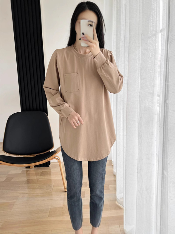 Trudnička majica za dojenje, srednje duljine, 90-95% pamuka, okrugli ovratnik, dugi rukavi