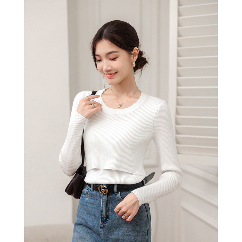 Dojilni pleteni top za jesen-zimu – U-izrez, dugi rukavi, 95% najlon, jednobojni, bazni dio za majke