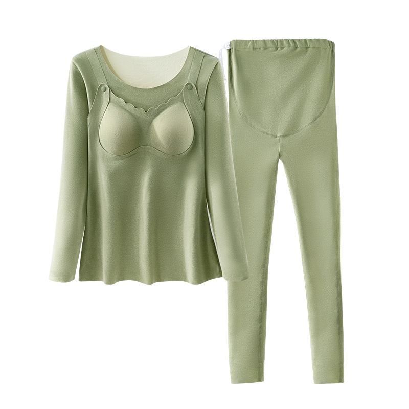 Szülés utáni ruházati készlet: hosszú ujjú felső és nadrág, egyszínű mintázat, poliészter anyag 90–95%, szoptatási nyílás, őszi-téli pizsama, 2024 tavaszi kiadás.