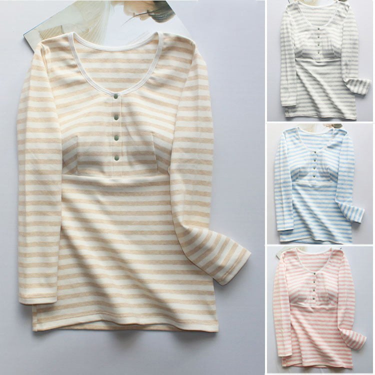 Top za dojenje s prugastim pamukom (95%), okrugli izrez, dugi rukavi