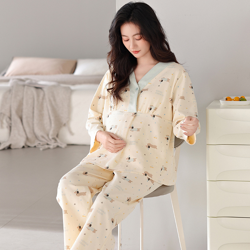 Set noćnog pyjama za dojenje trudnicama, 100% pamuk, s jastučićima za dojke, dugi rukavi, za sve sezone