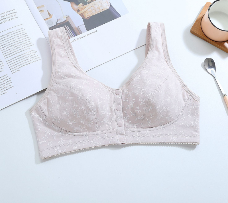 Grudnjak od pamuka s punim košaricama, prednje kopčanje, tanke oblikovane košarice, čvrsti dvostruki kaiševi, prozračan materijal (90–95% pamuk)