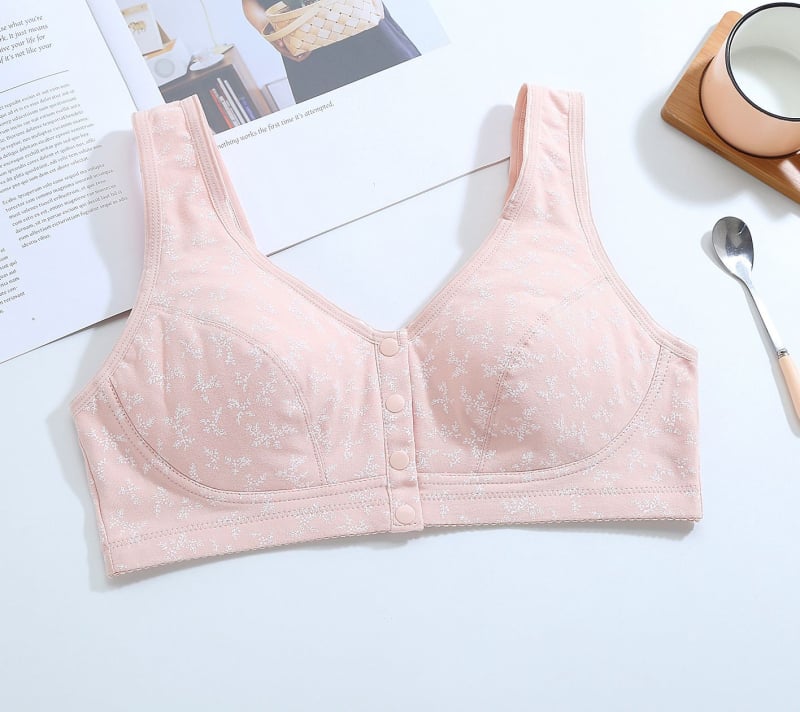 Grudnjak od pamuka s punim košaricama, prednje kopčanje, tanke oblikovane košarice, čvrsti dvostruki kaiševi, prozračan materijal (90–95% pamuk)