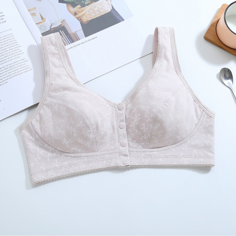 Grudnjak od pamuka s punim košaricama, prednje kopčanje, tanke oblikovane košarice, čvrsti dvostruki kaiševi, prozračan materijal (90–95% pamuk)