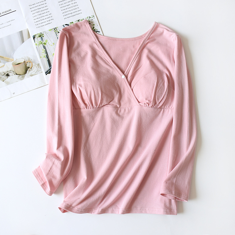 Sievietēm kokvilnas adīta garu piedurknēm top ar krūšu spilventiņu, viegls puloveris mājas apģērbam