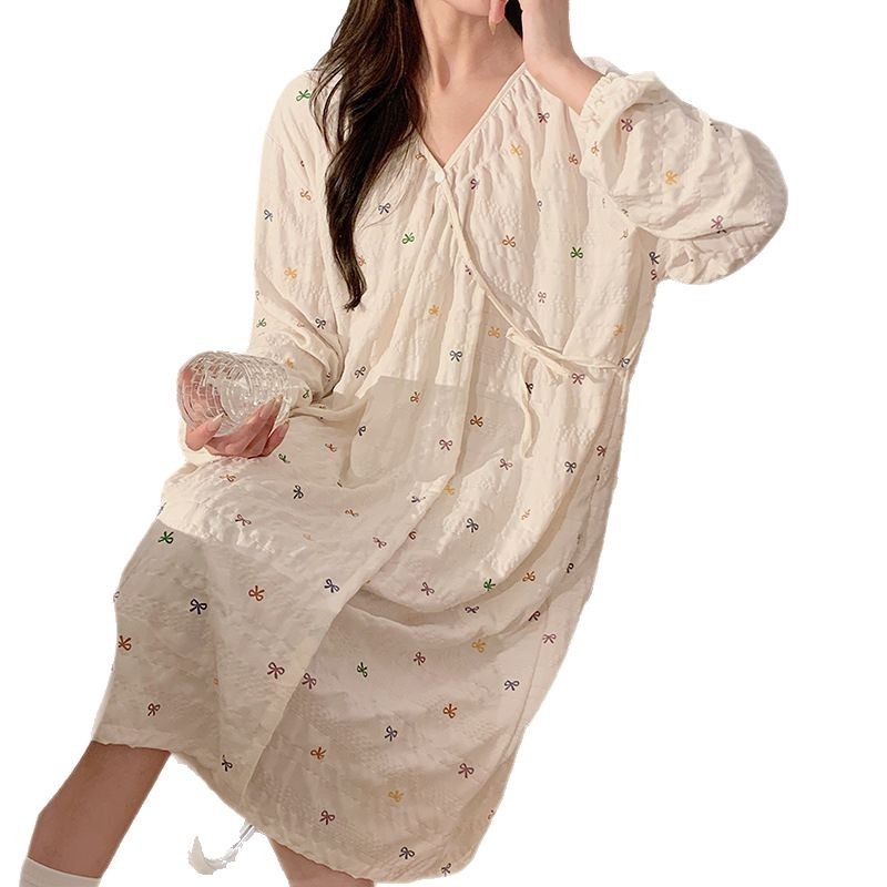Trudničko-dojenje haljina u kimono kroju od pamuka s jacquard uzorkom oblaka, dugi rukavi, lagana tkanina, proljeće-ljeto.
