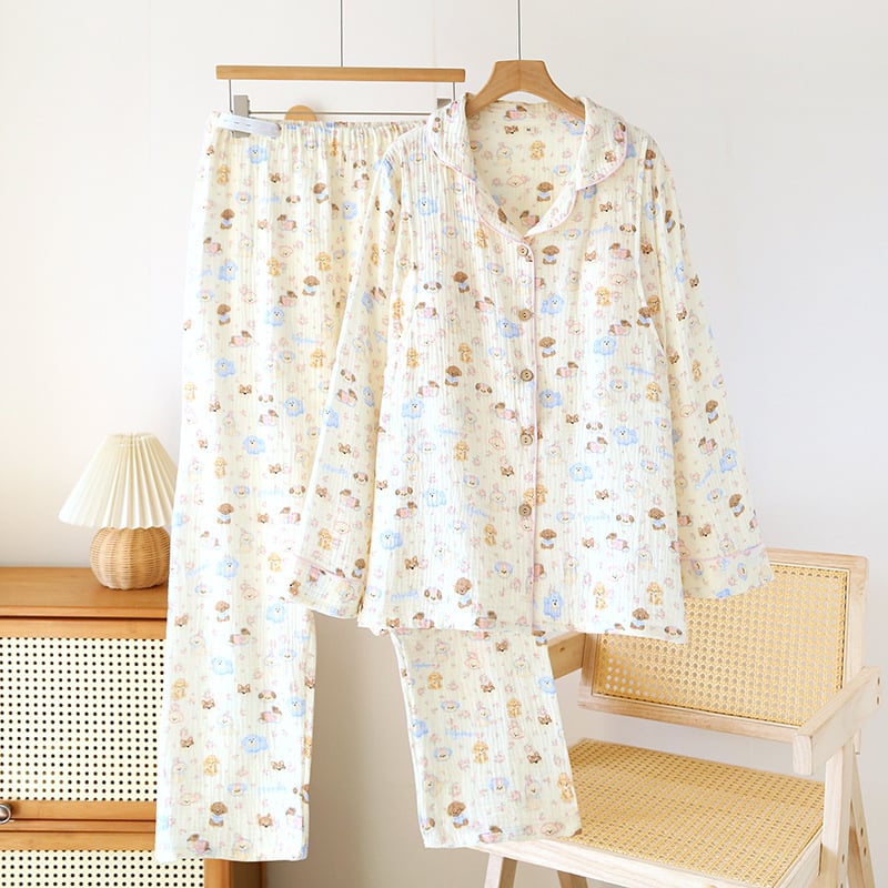Szoptatós kismama pizsama, 100% pamut, hosszú ujjú, laza szabású nadrágos készlet, otthoni viselet, tavasz 2025