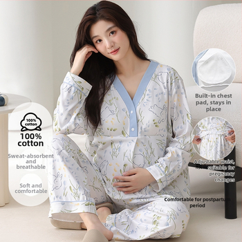 100% pamut anyasági pizsama készlet szoptatós betétekkel, szülés utáni, hosszú ujjú, otthoni viselet