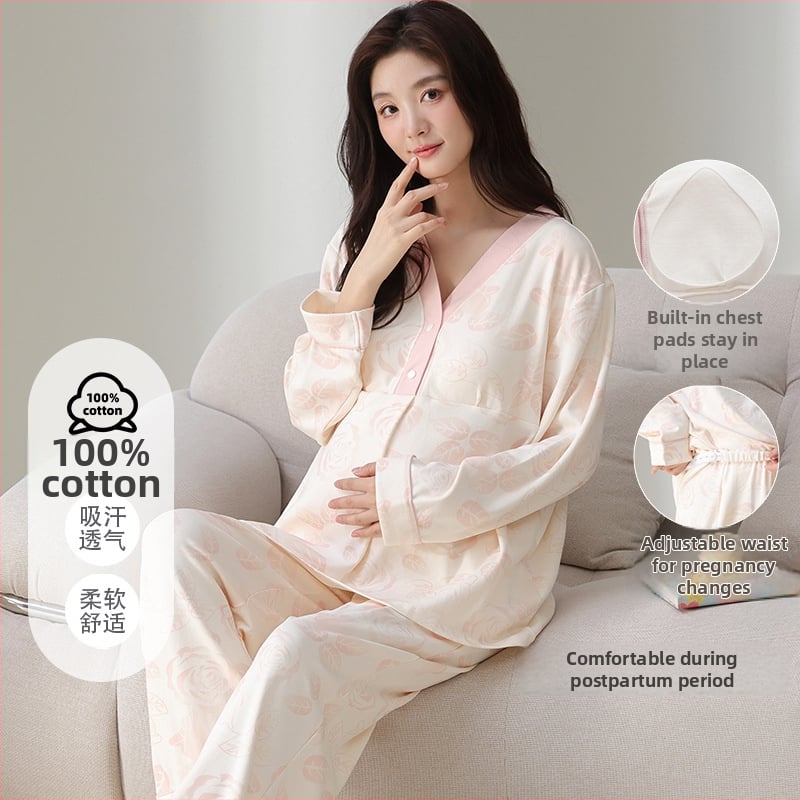 100% pamut anyasági pizsama készlet szoptatós betétekkel, szülés utáni, hosszú ujjú, otthoni viselet