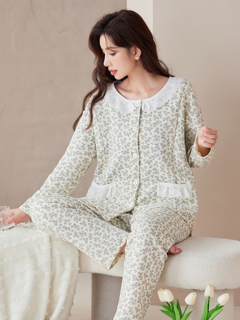 Szoptatós anyai pizsama szett – őszi-téli, >95% pamut, két rétegű légies pamutszövet, hosszú ujjú, előre nyíló szoptatási nyílás