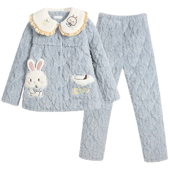 Szoptatós kismama pizsama – téli háromrétegű quiltelt jacquard korall fleece, poliészter, hosszú ujjú, nadrág