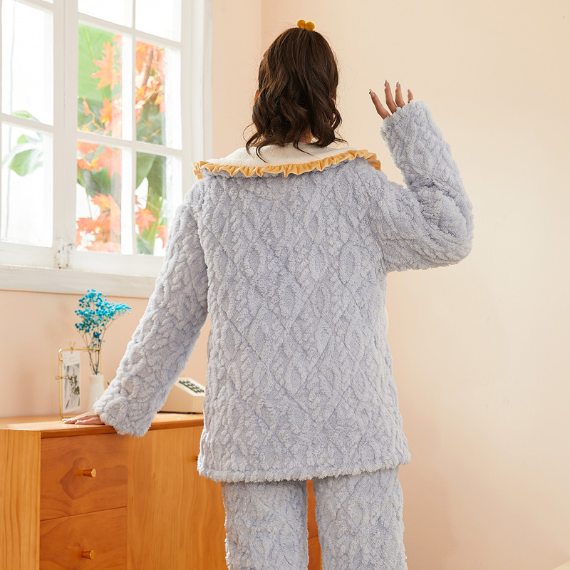 Szoptatós kismama pizsama – téli háromrétegű quiltelt jacquard korall fleece, poliészter, hosszú ujjú, nadrág