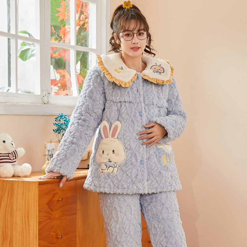 Szoptatós kismama pizsama – téli háromrétegű quiltelt jacquard korall fleece, poliészter, hosszú ujjú, nadrág