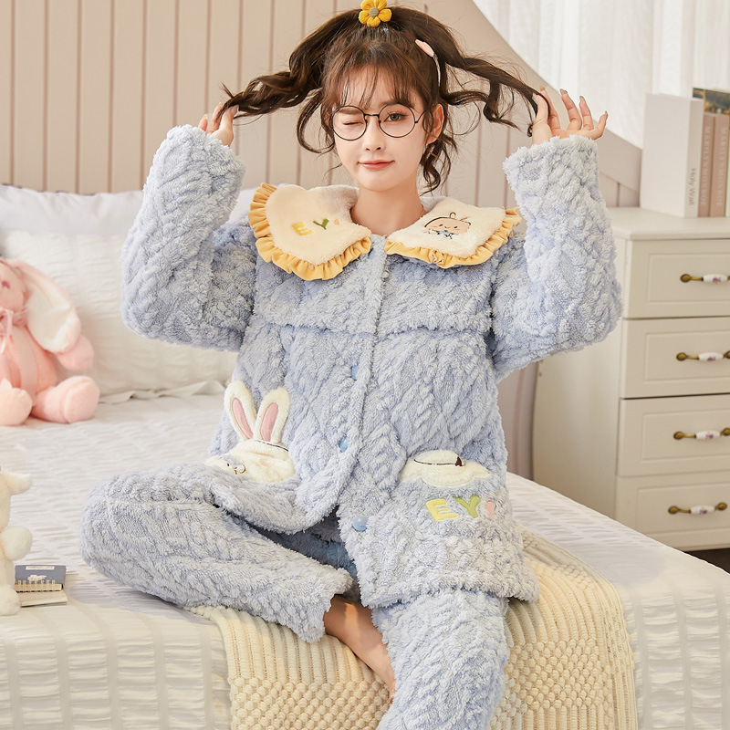 Szoptatós kismama pizsama – téli háromrétegű quiltelt jacquard korall fleece, poliészter, hosszú ujjú, nadrág