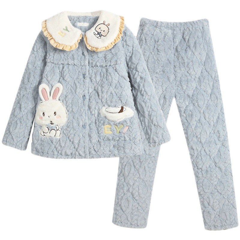 Szoptatós kismama pizsama – téli háromrétegű quiltelt jacquard korall fleece, poliészter, hosszú ujjú, nadrág