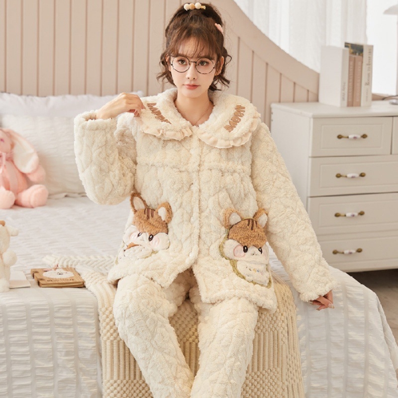 Szoptatós kismama pizsama – téli háromrétegű quiltelt jacquard korall fleece, poliészter, hosszú ujjú, nadrág