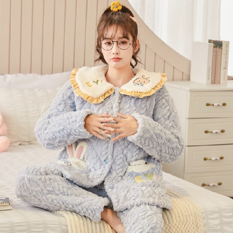 Szoptatós kismama pizsama – téli háromrétegű quiltelt jacquard korall fleece, poliészter, hosszú ujjú, nadrág