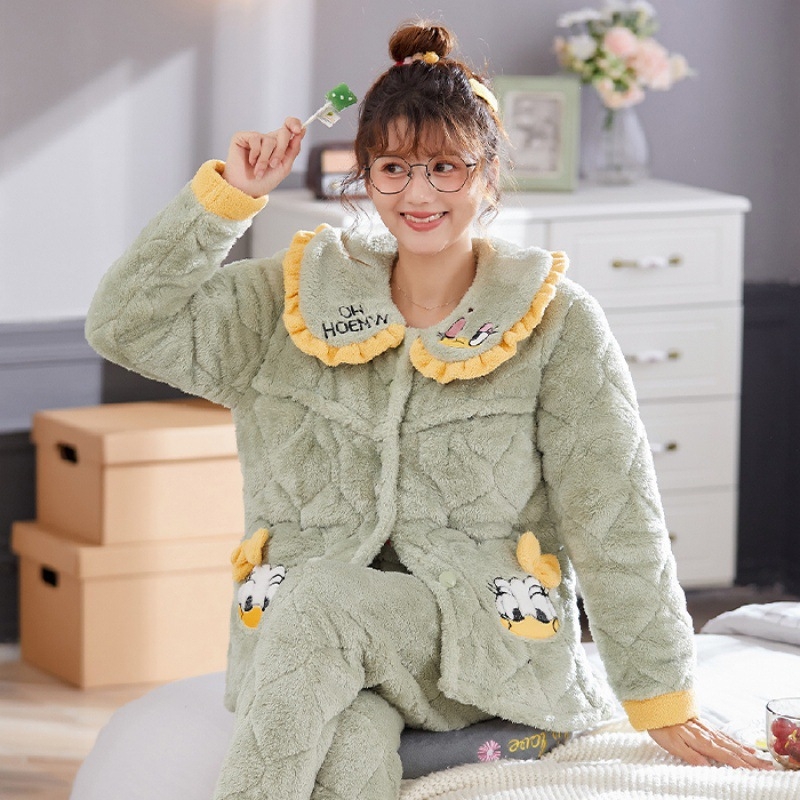 Szoptatós kismama pizsama – téli háromrétegű quiltelt jacquard korall fleece, poliészter, hosszú ujjú, nadrág