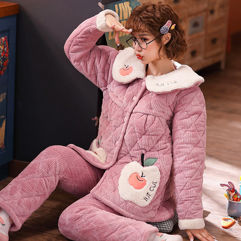 Szoptatós kismama pizsama – téli háromrétegű quiltelt jacquard korall fleece, poliészter, hosszú ujjú, nadrág