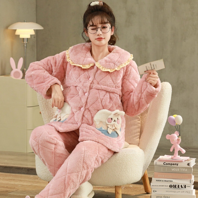 Szoptatós kismama pizsama – téli háromrétegű quiltelt jacquard korall fleece, poliészter, hosszú ujjú, nadrág