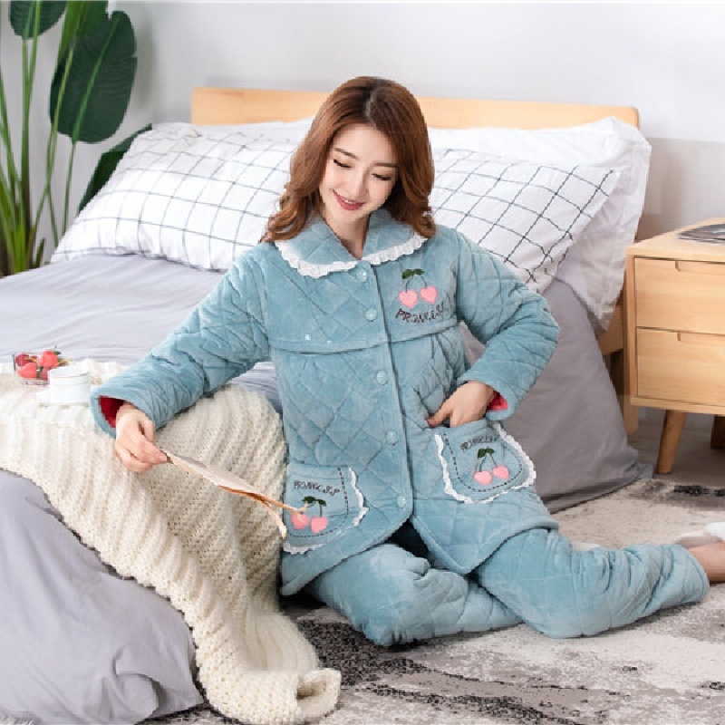 Szoptatós kismama pizsama – téli háromrétegű quiltelt jacquard korall fleece, poliészter, hosszú ujjú, nadrág