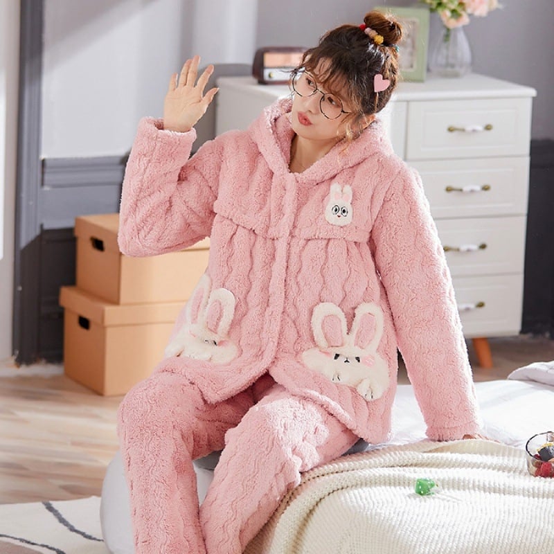 Szoptatós kismama pizsama – téli háromrétegű quiltelt jacquard korall fleece, poliészter, hosszú ujjú, nadrág