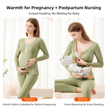 Anyasági szett hosszú ujjú felsővel és nadrággal, egyszínű mintázat, poliészter-spandex anyag, csiszolt belső felület a melegítéshez, szoptatási hozzáférés
