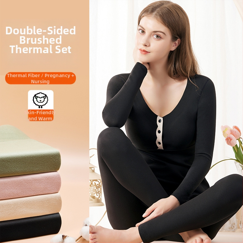 Anyasági szett hosszú ujjú felsővel és nadrággal, egyszínű mintázat, poliészter-spandex anyag, csiszolt belső felület a melegítéshez, szoptatási hozzáférés