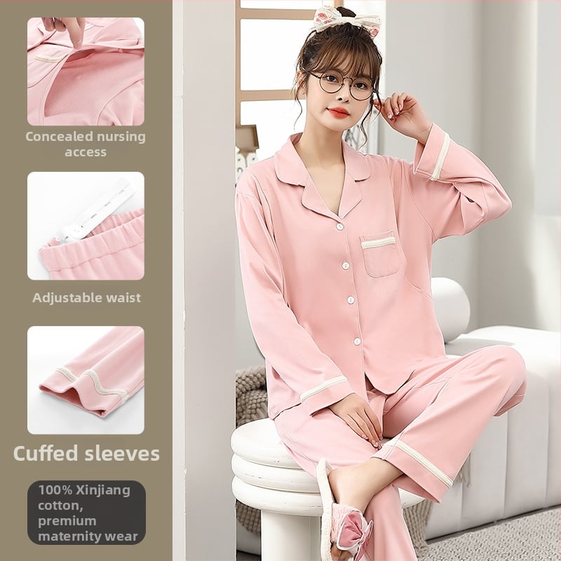 Pamut kismama pizsama szett hosszú ujjú felsővel és nadrággal, tavasz–őszre, szoptatáshoz és szülés utáni időszakhoz