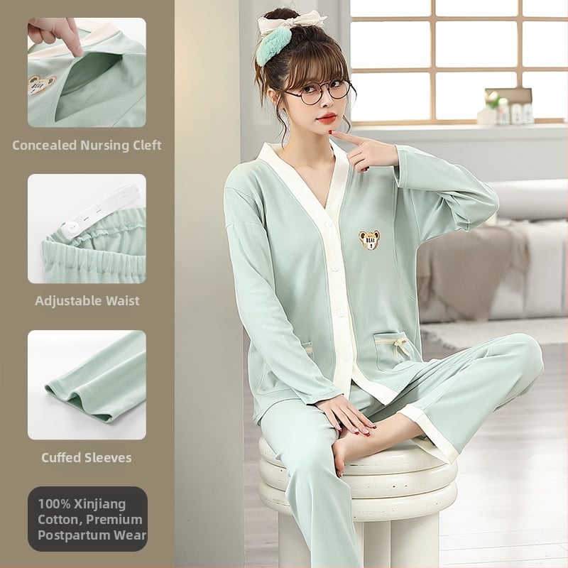 Pamut kismama pizsama szett hosszú ujjú felsővel és nadrággal, tavasz–őszre, szoptatáshoz és szülés utáni időszakhoz