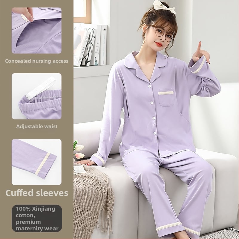 Pamut kismama pizsama szett hosszú ujjú felsővel és nadrággal, tavasz–őszre, szoptatáshoz és szülés utáni időszakhoz