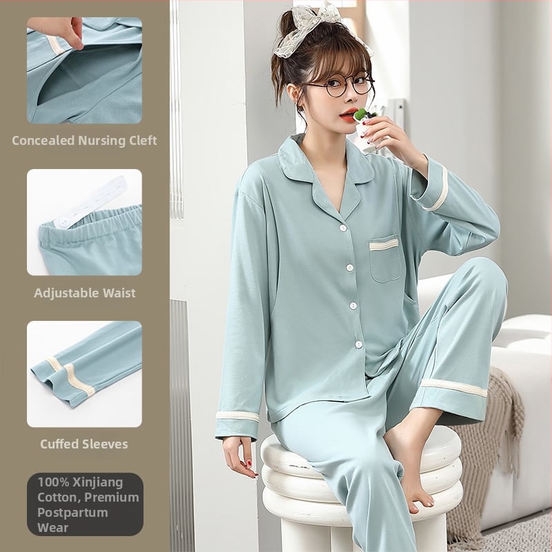 Pamut kismama pizsama szett hosszú ujjú felsővel és nadrággal, tavasz–őszre, szoptatáshoz és szülés utáni időszakhoz