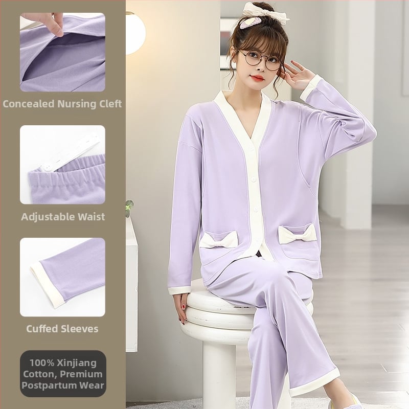 Pamut kismama pizsama szett hosszú ujjú felsővel és nadrággal, tavasz–őszre, szoptatáshoz és szülés utáni időszakhoz