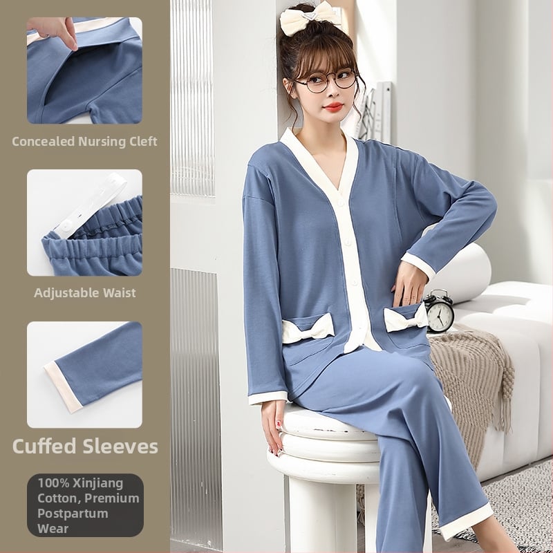 Pamut kismama pizsama szett hosszú ujjú felsővel és nadrággal, tavasz–őszre, szoptatáshoz és szülés utáni időszakhoz