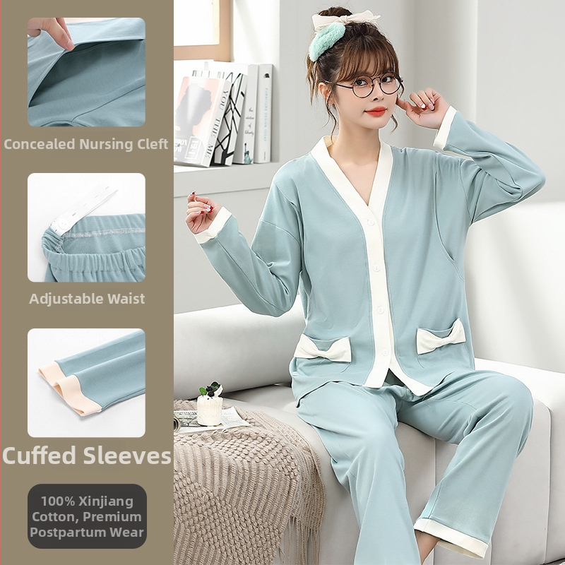 Pamut kismama pizsama szett hosszú ujjú felsővel és nadrággal, tavasz–őszre, szoptatáshoz és szülés utáni időszakhoz