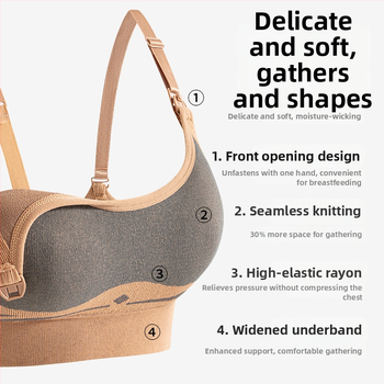 Бюстгалтер за кърмене за майки – безжичен, безшевен, чаши със среден модел, основен материал найлон, подплата спандекс, закопчаване на гърба с четири реда куки и капси
