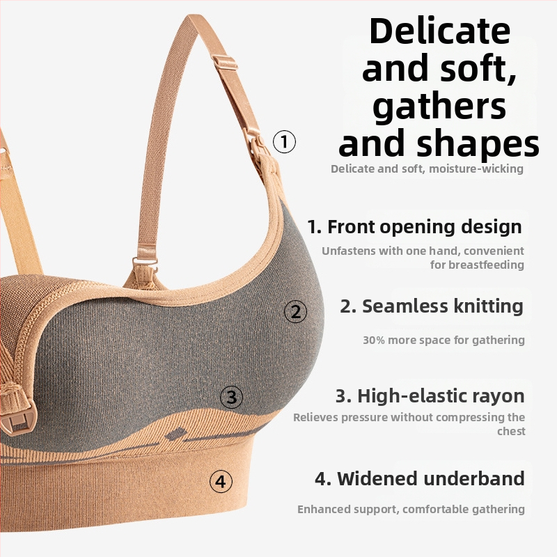 Zīdīšanas krūšturis mātei – bezvadu, bezšuvju dizains, vidēji veidoti kausi, galvenais materiāls neilons, oderējums spandekss, aizmugurē četru rindu āķu un acīm aizdare