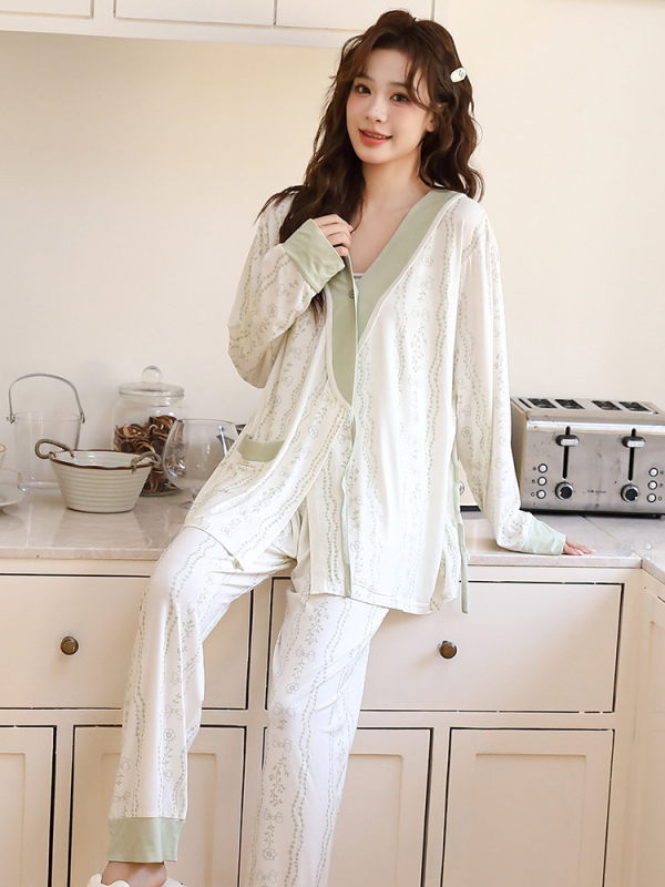 Szülés utáni kismama kimonó készlet – virágos minta, hosszú ujjak, nadrágkosztüm, poliészter-spandex keverék