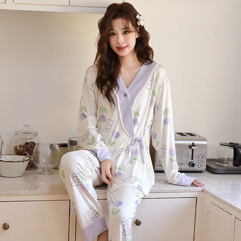 Szülés utáni kismama kimonó készlet – virágos minta, hosszú ujjak, nadrágkosztüm, poliészter-spandex keverék