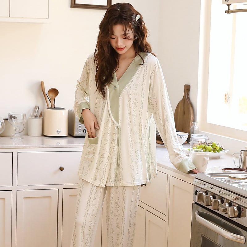 Szülés utáni kismama kimonó készlet – virágos minta, hosszú ujjak, nadrágkosztüm, poliészter-spandex keverék