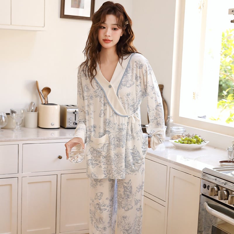 Szülés utáni kismama kimonó készlet – virágos minta, hosszú ujjak, nadrágkosztüm, poliészter-spandex keverék